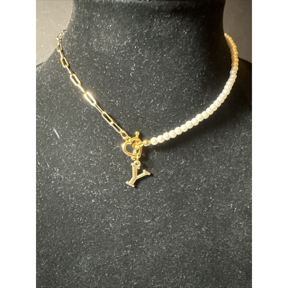 Faux Pearl and‎ Gold Tone Necklace With Y Pendant